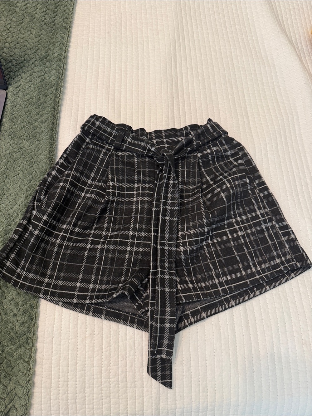 Love Tree Black Plaid High-Waist Tie Shorts